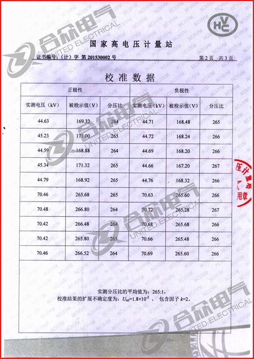 沖擊電壓發生器標準證書